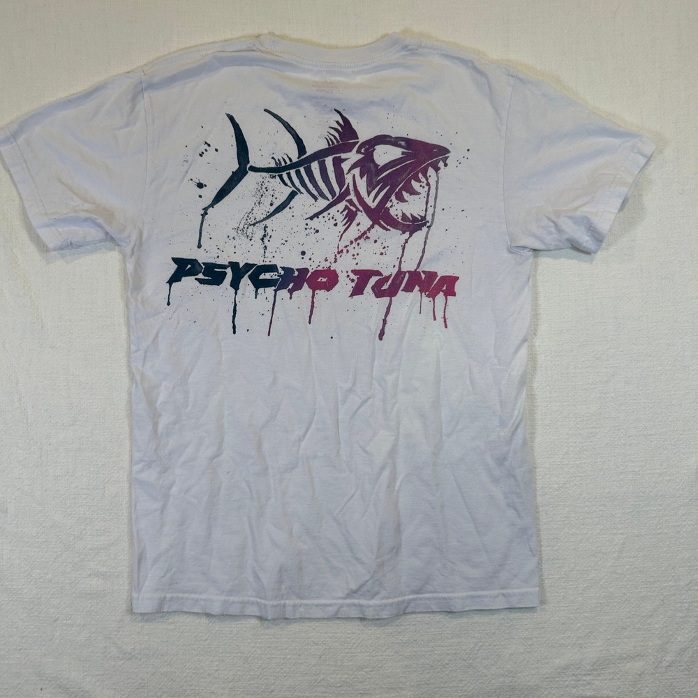 Psycho Tuna Mens Graphic T-Shirt Medium White Blue Skeleton Fish Cotton Tee